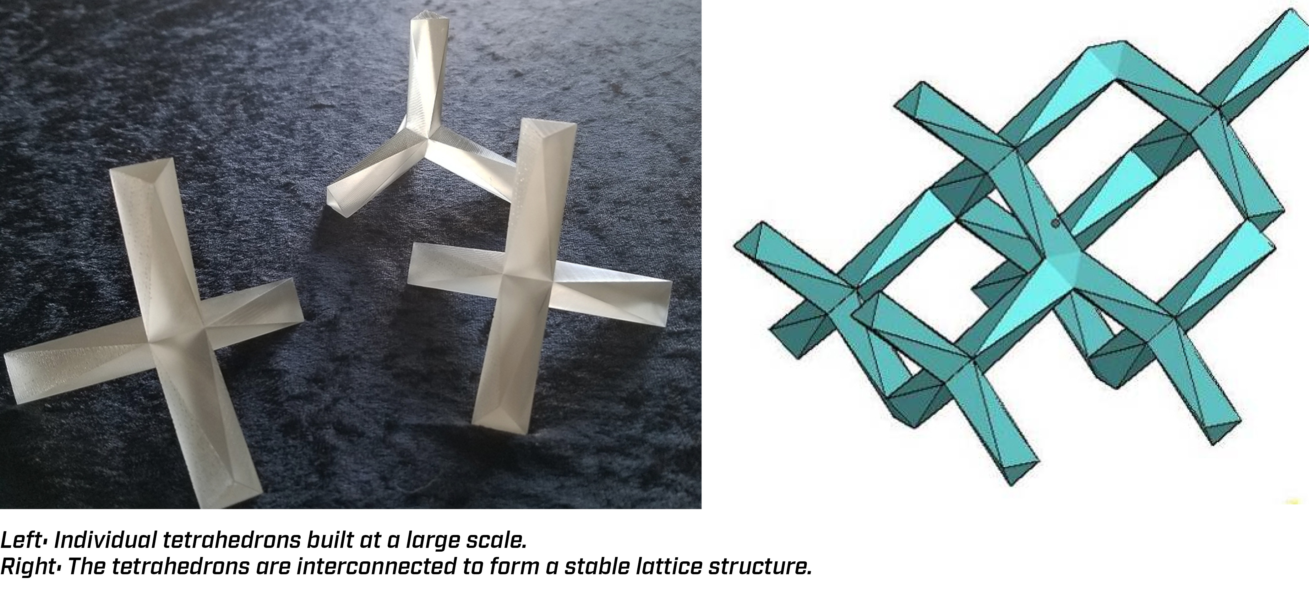 Individual 3D printed tetrahedrons built at a large scale